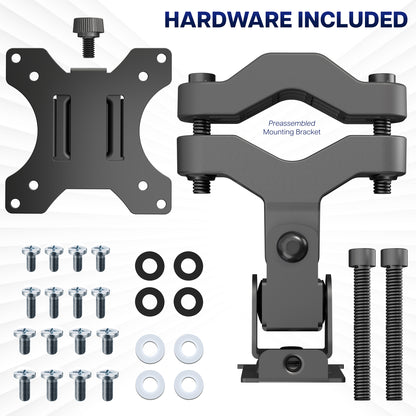 Black pole mount bracket kit with preassembled mounting bracket, separate bracket plate, screws, washers, and grommets, plus the text 'HARDWARE INCLUDED' on a white background.