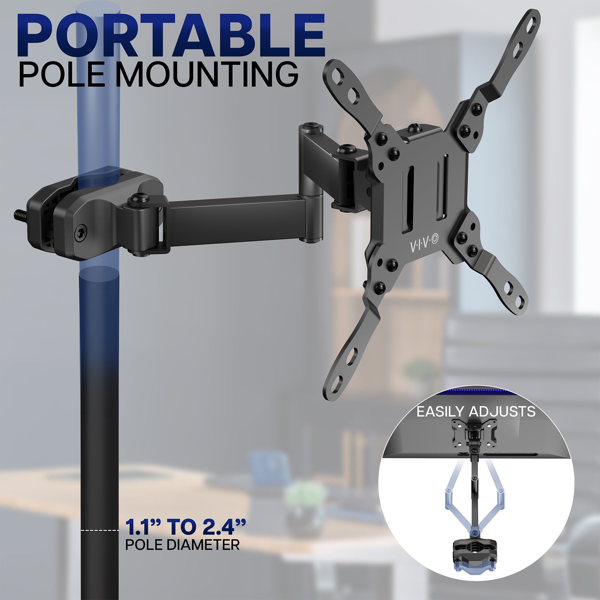 Portable VESA monitor arm securely attached to a vertical pole for flexible screen positioning