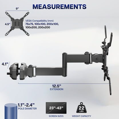 VESA monitor arm pole mount dimensions showing adjustable reach, pole clamp, and articulating joints