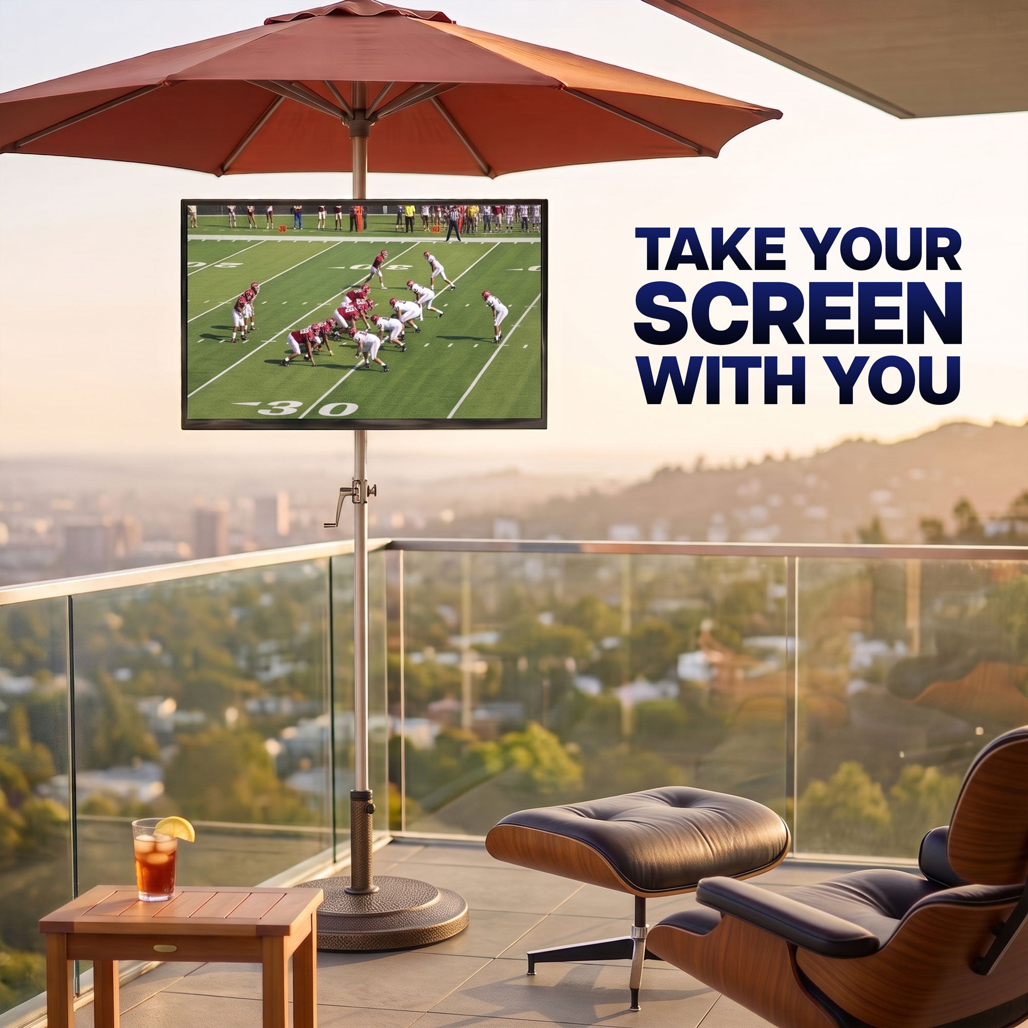 VESA monitor arm pole mount supporting a flat-screen TV outdoors for flexible patio viewing