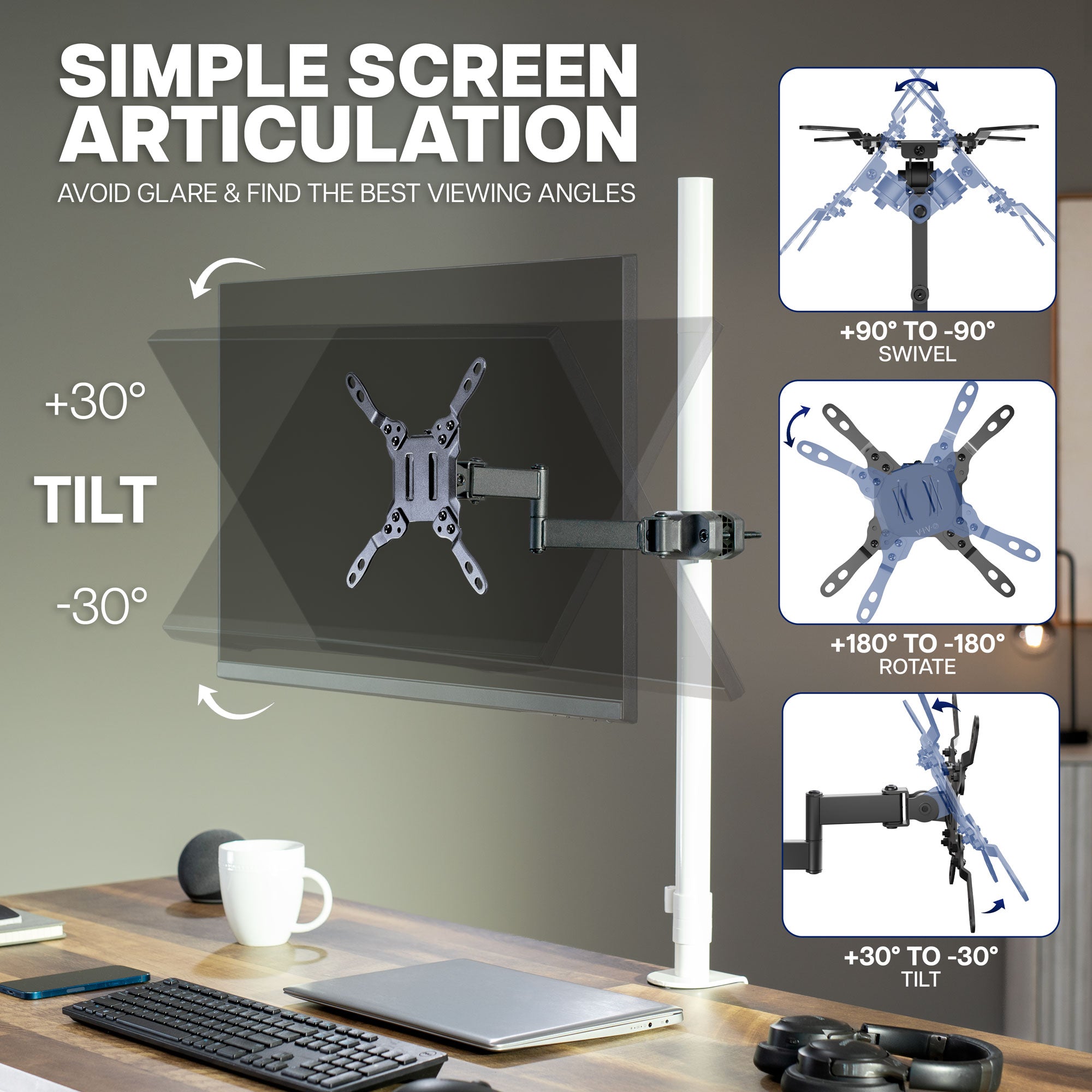 Adjustable VESA monitor arm with tilt and articulation for customized screen positioning and viewing angles