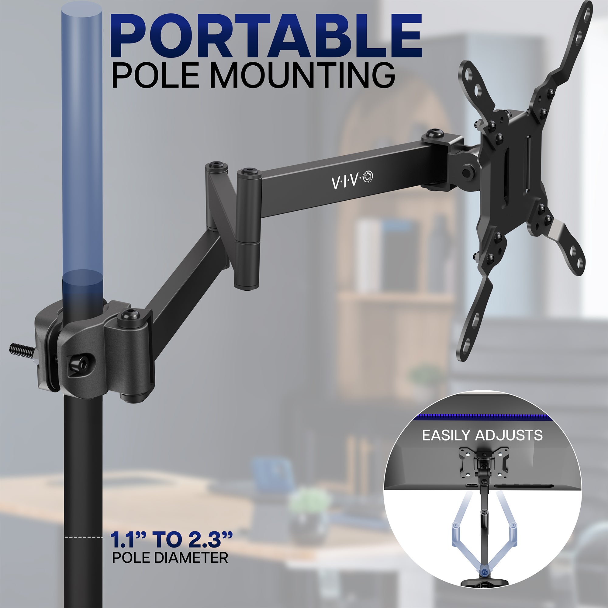 Portable long arm monitor mount securely attached to a vertical pole for flexible screen positioning