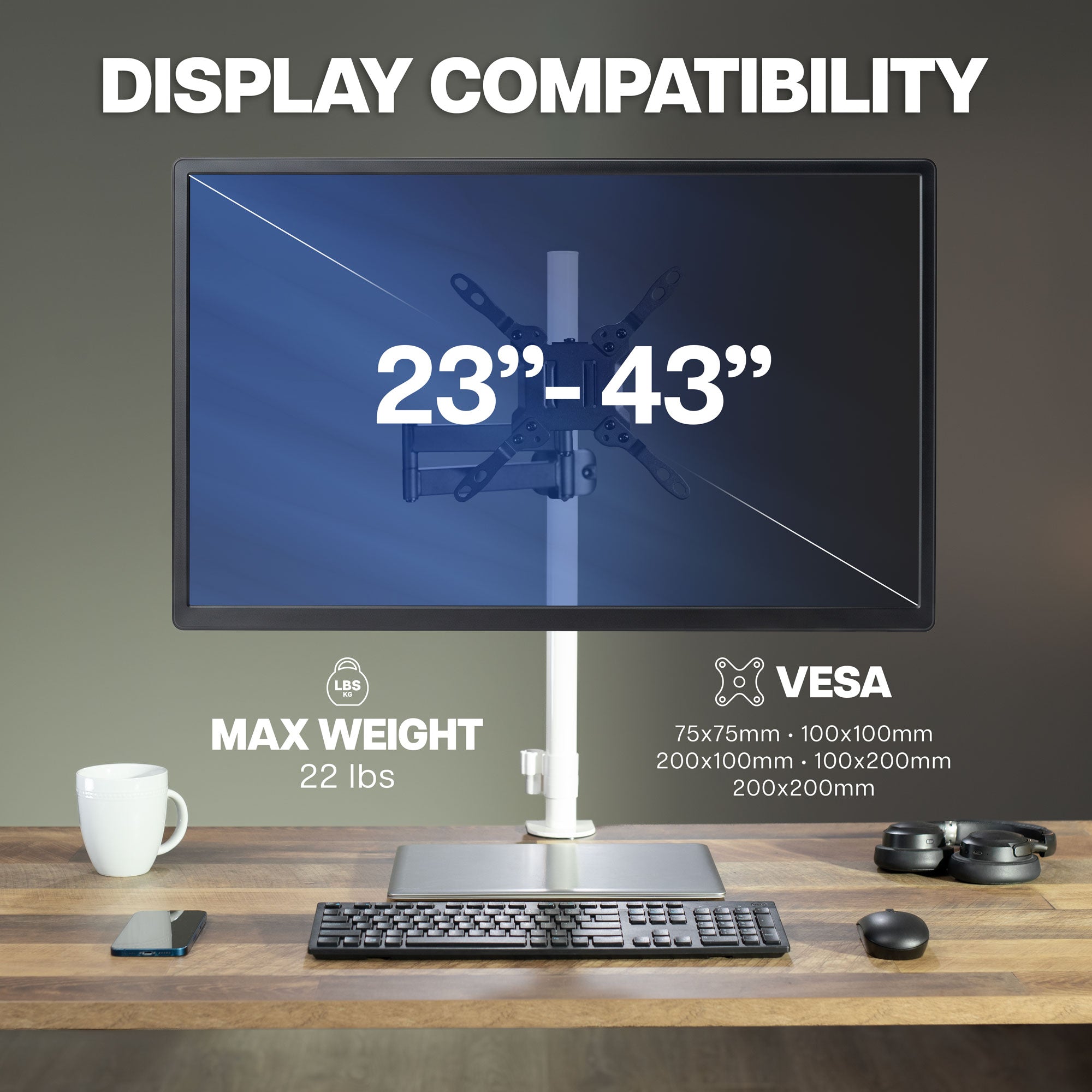 VESA monitor pole mount compatible with 23-inch to 43-inch monitors, TVs, and flat-screen displays