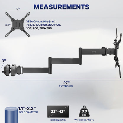 Long arm VESA monitor pole mount dimensions showing extended reach, pole clamp, and adjustable mounting plate