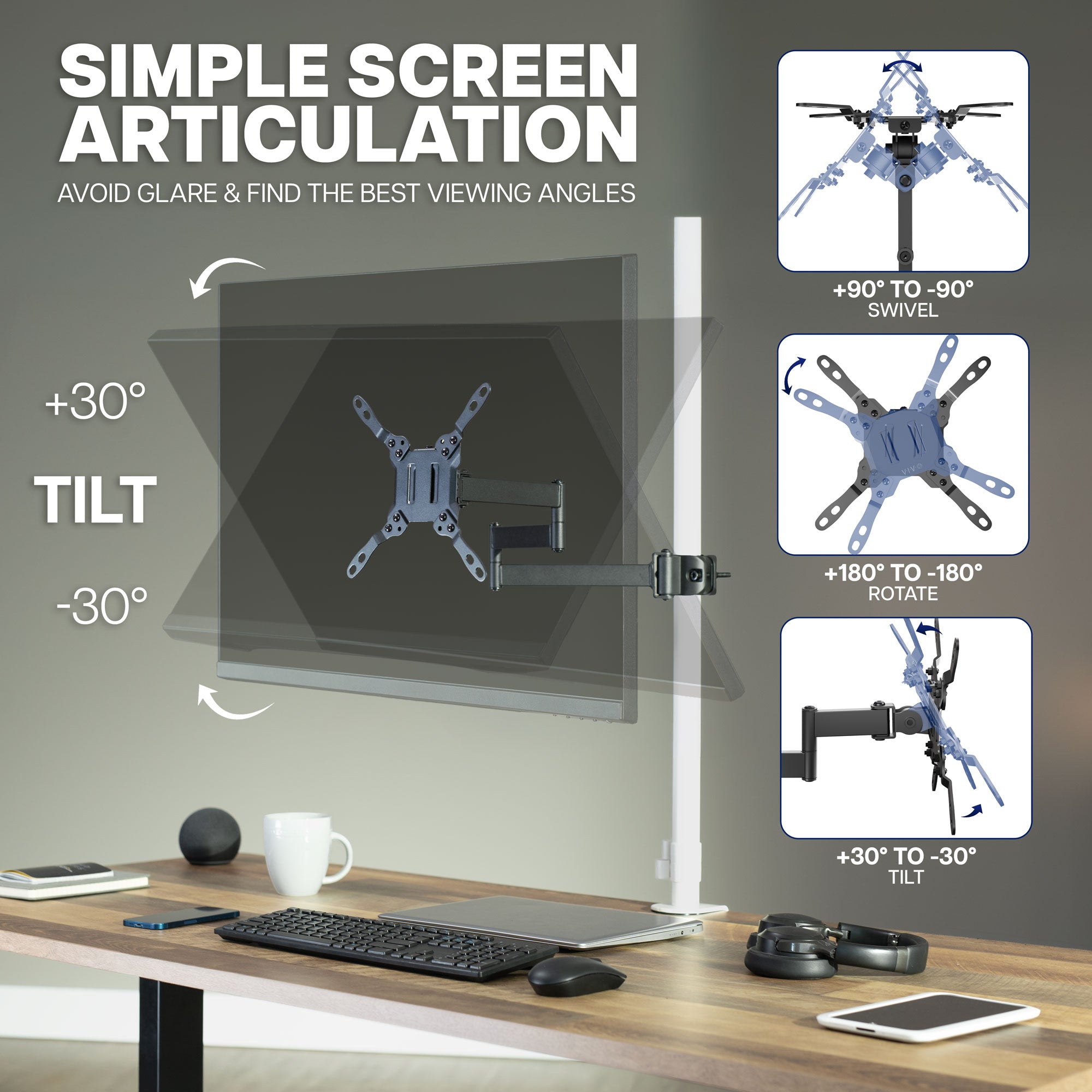 Adjustable VESA monitor pole mount with tilt and articulation for customized screen positioning and viewing angles