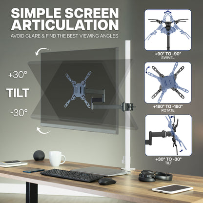 Adjustable VESA monitor pole mount with tilt and articulation for customized screen positioning and viewing angles