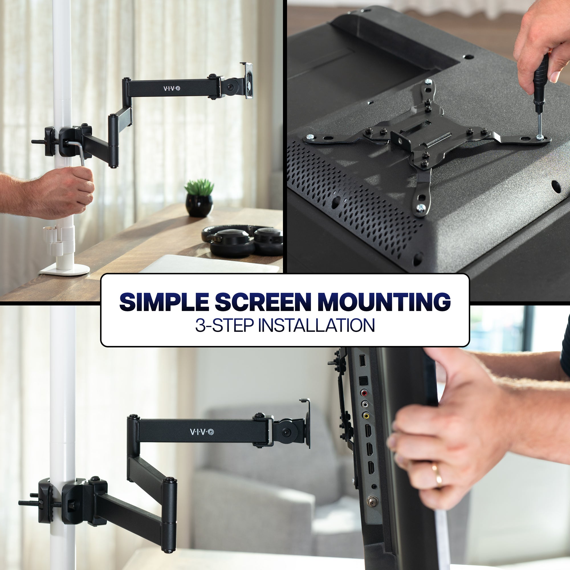 Long arm VESA monitor mount with secure pole clamp for quick installation and flexible display placement