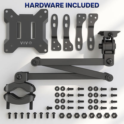 Long arm VESA monitor pole mount with extension arm, mounting bracket, pole clamp, and installation hardware