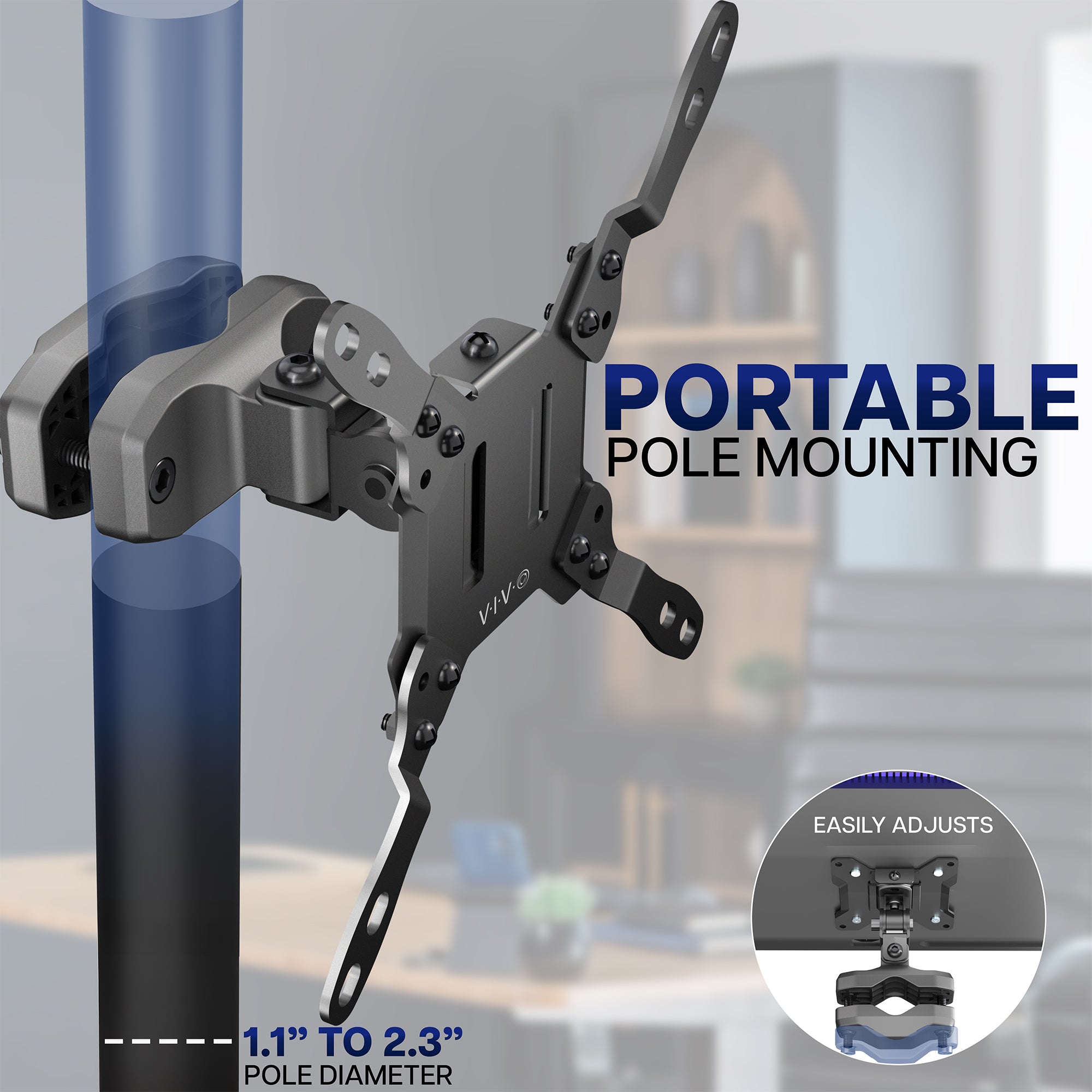 Portable VESA monitor mount securely attached to a vertical pole for flexible screen placement