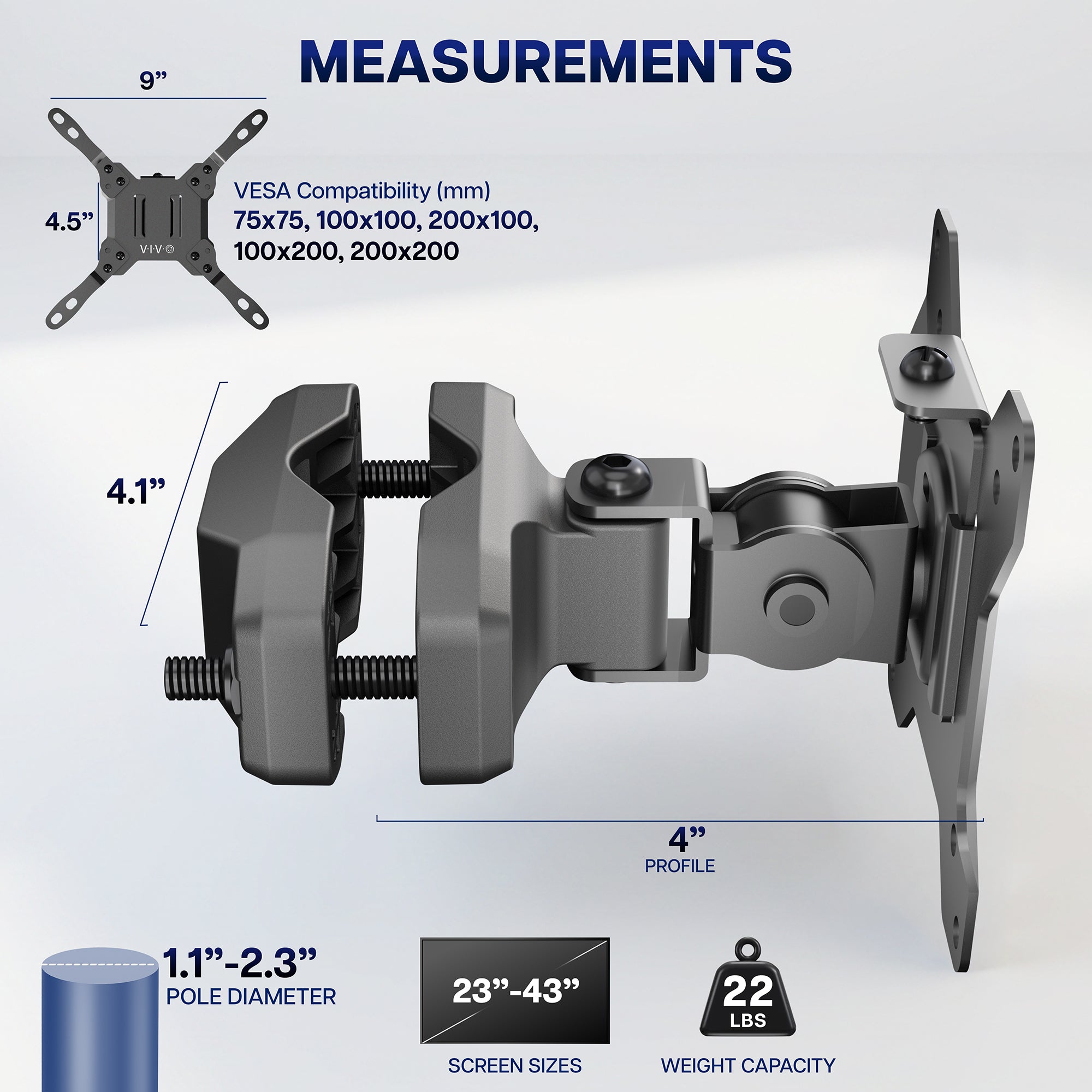 VESA bracket pole mount dimensions showing adjustable mounting plate, pole clamp, and screen positioning range