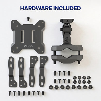 VESA bracket pole mount with adjustable mounting plate, pole clamp, and included installation hardware