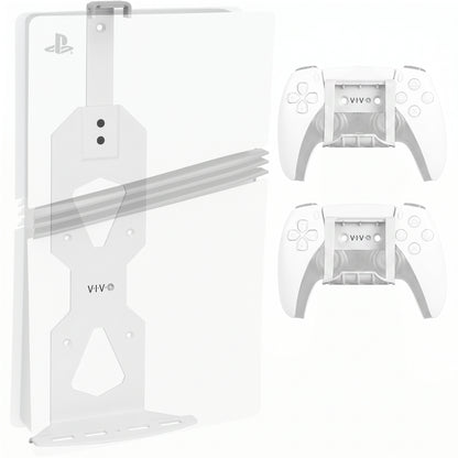 White PlayStation 5 console with a clear wall-mount stand and two white wireless controllers on a clean white background. The controllers show the 'viv' brand logo.