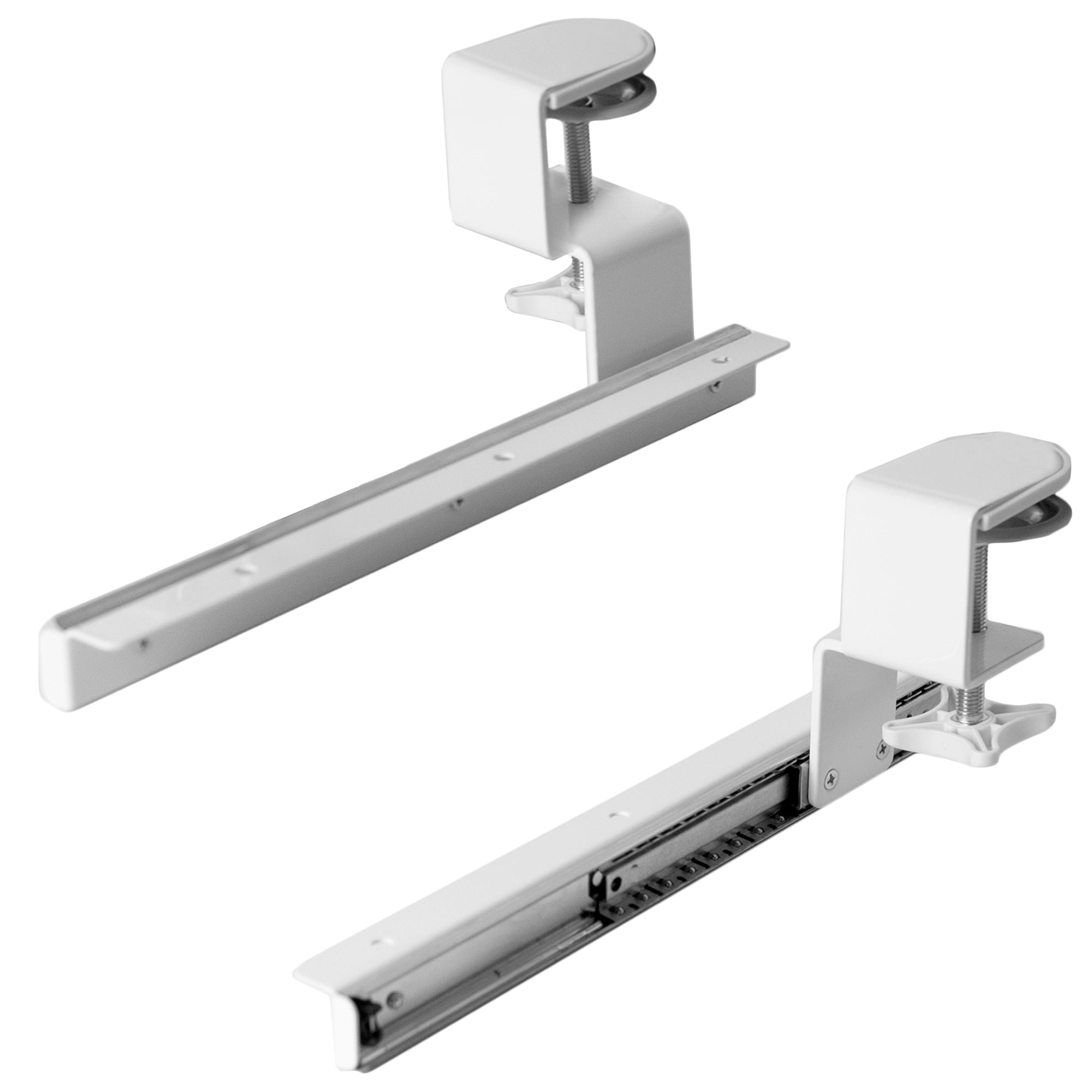 Under-desk sliding pull out keyboard tray clamp and rail set (2 pack).