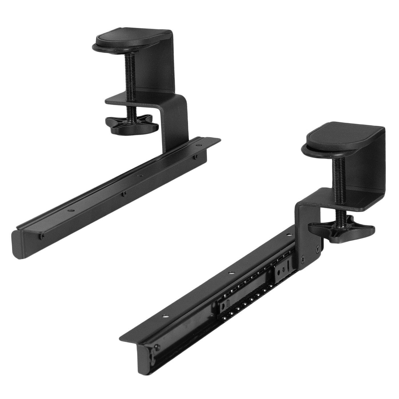 Under-desk sliding pull out keyboard tray clamp and rail set (2 pack).