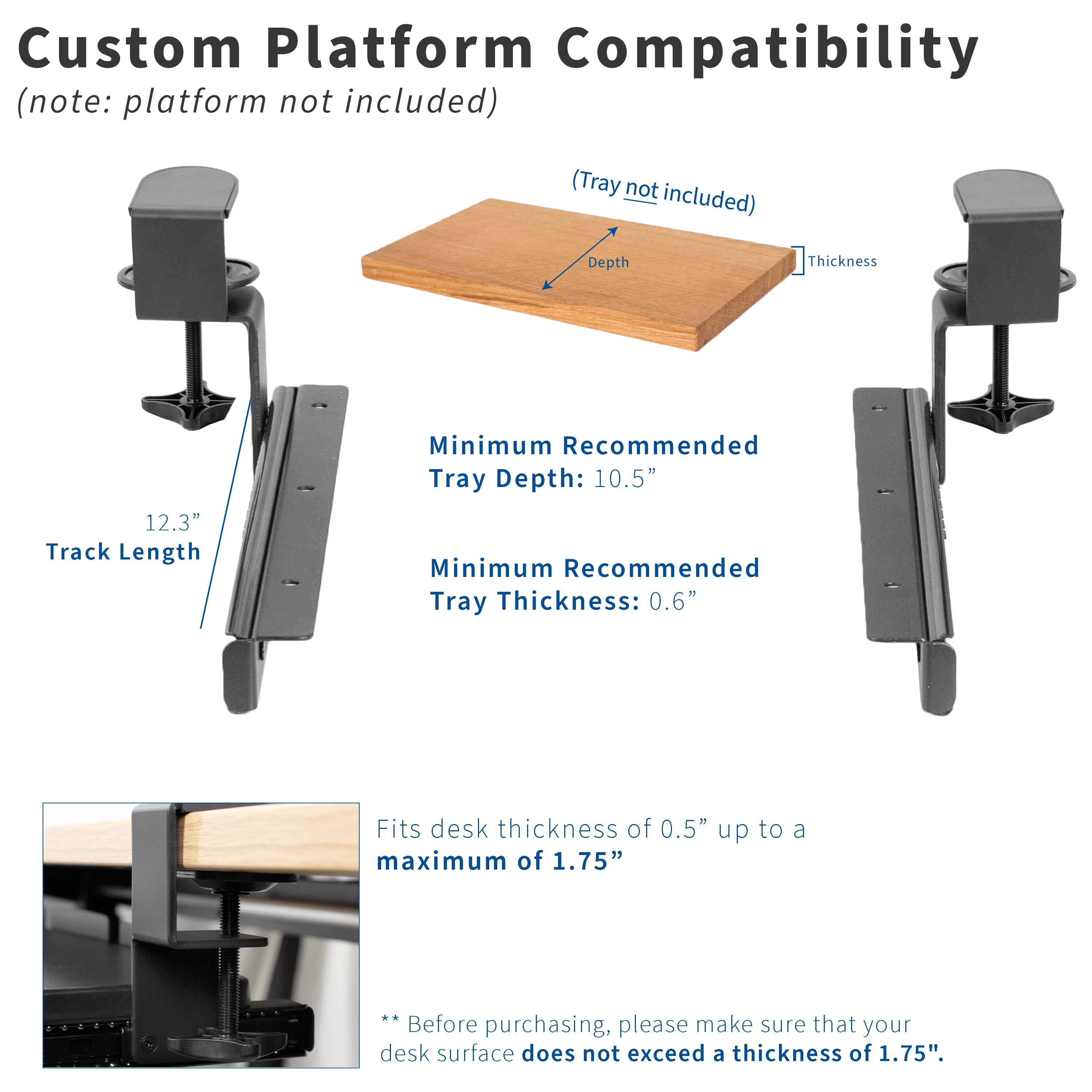 Under-desk sliding pull out keyboard tray clamp and rail set (2 pack).