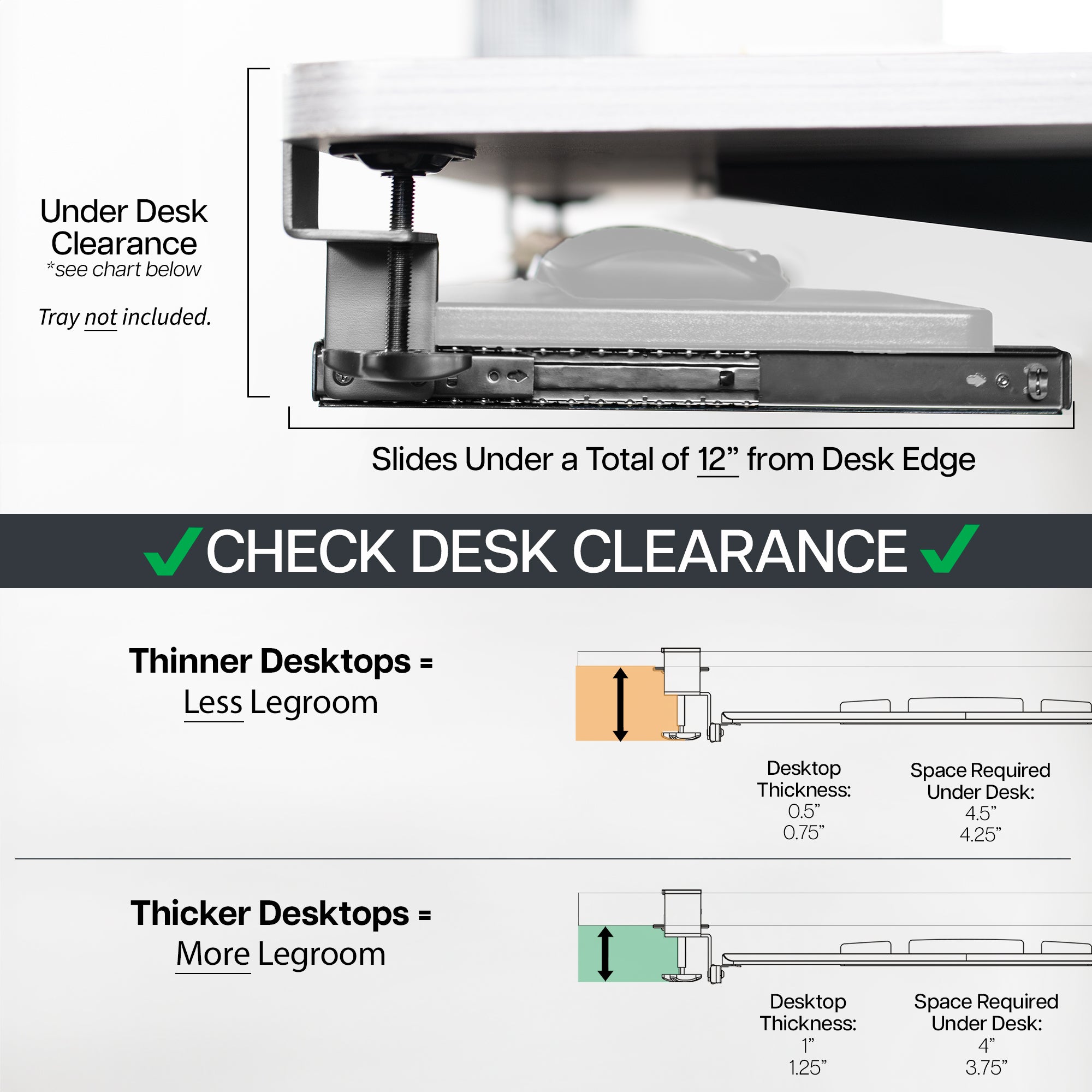 Under-desk sliding pull out keyboard tray clamp and rail set (2 pack).