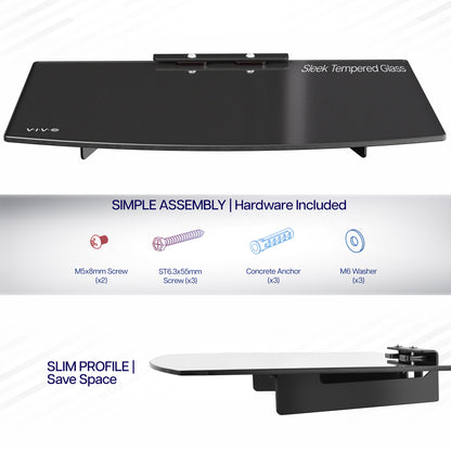 Modern look tempered glass floating shelf with sturdy steel frame. Easy assembly with hardware included.