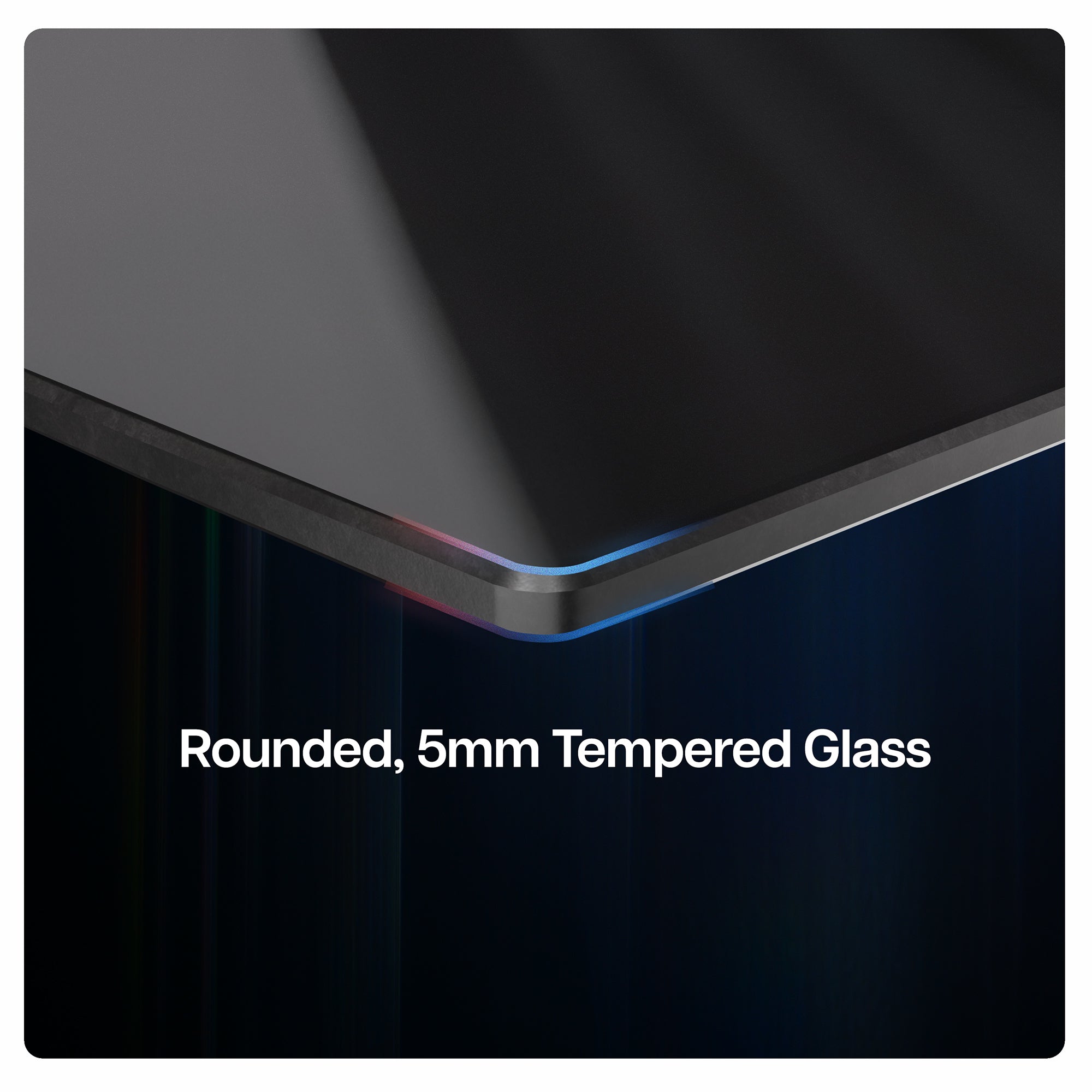 Modern look tempered glass floating shelf with rounded edge.