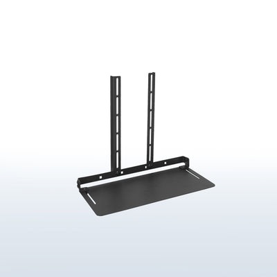 Sturdy VESA monitor shelf with solid steel mount brackets for convenient storage, a clean modern workspace display, and holding devices, accessories, controllers, routers, and speakers.