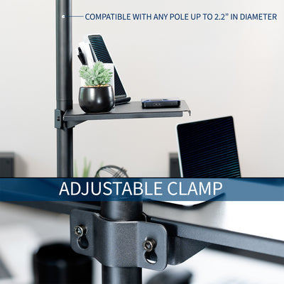 Clamp-on 14" shelf mount for pole for extra storage and space saving.