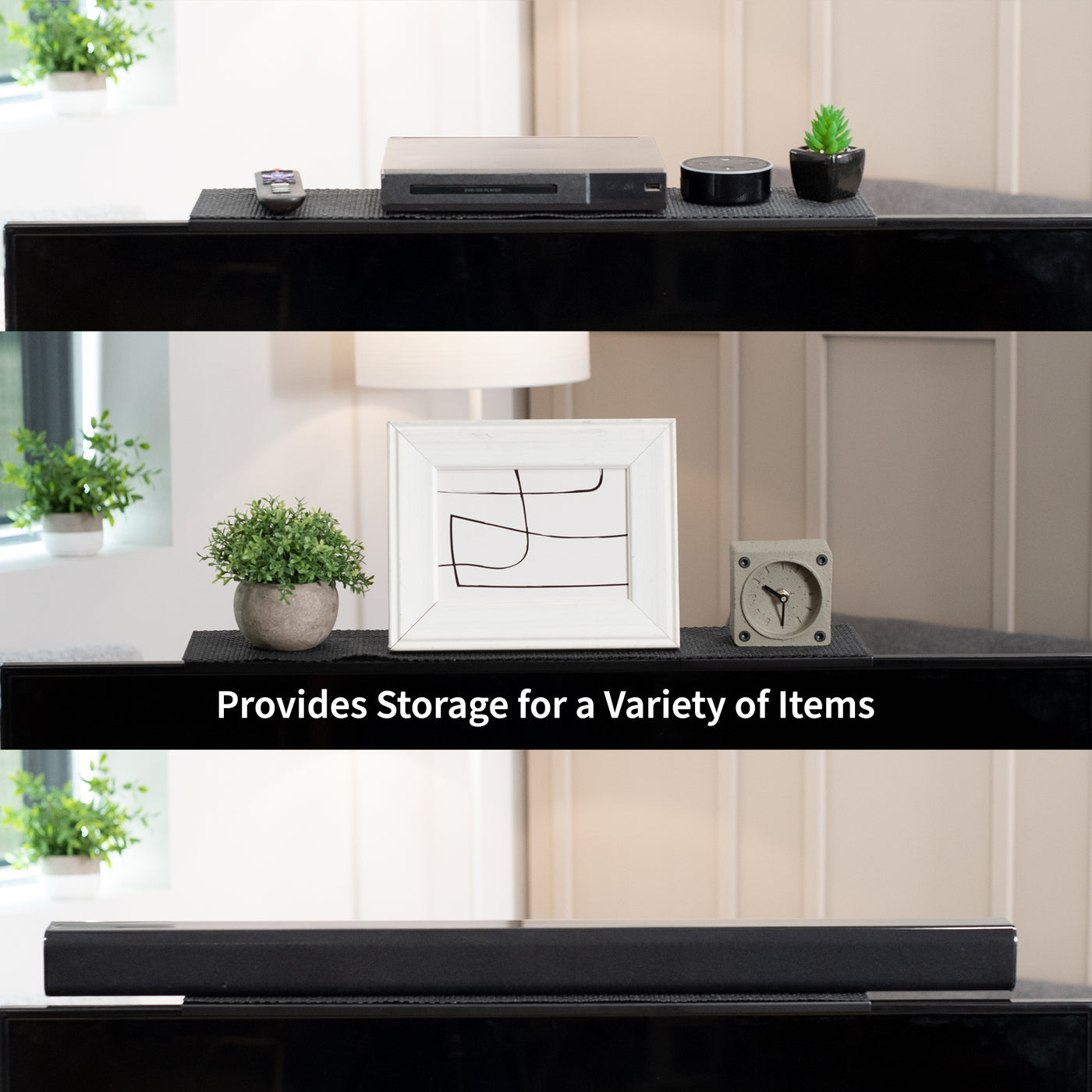 Sturdy top shelf TV mount for devices, remote controllers, speakers, decor, and more.