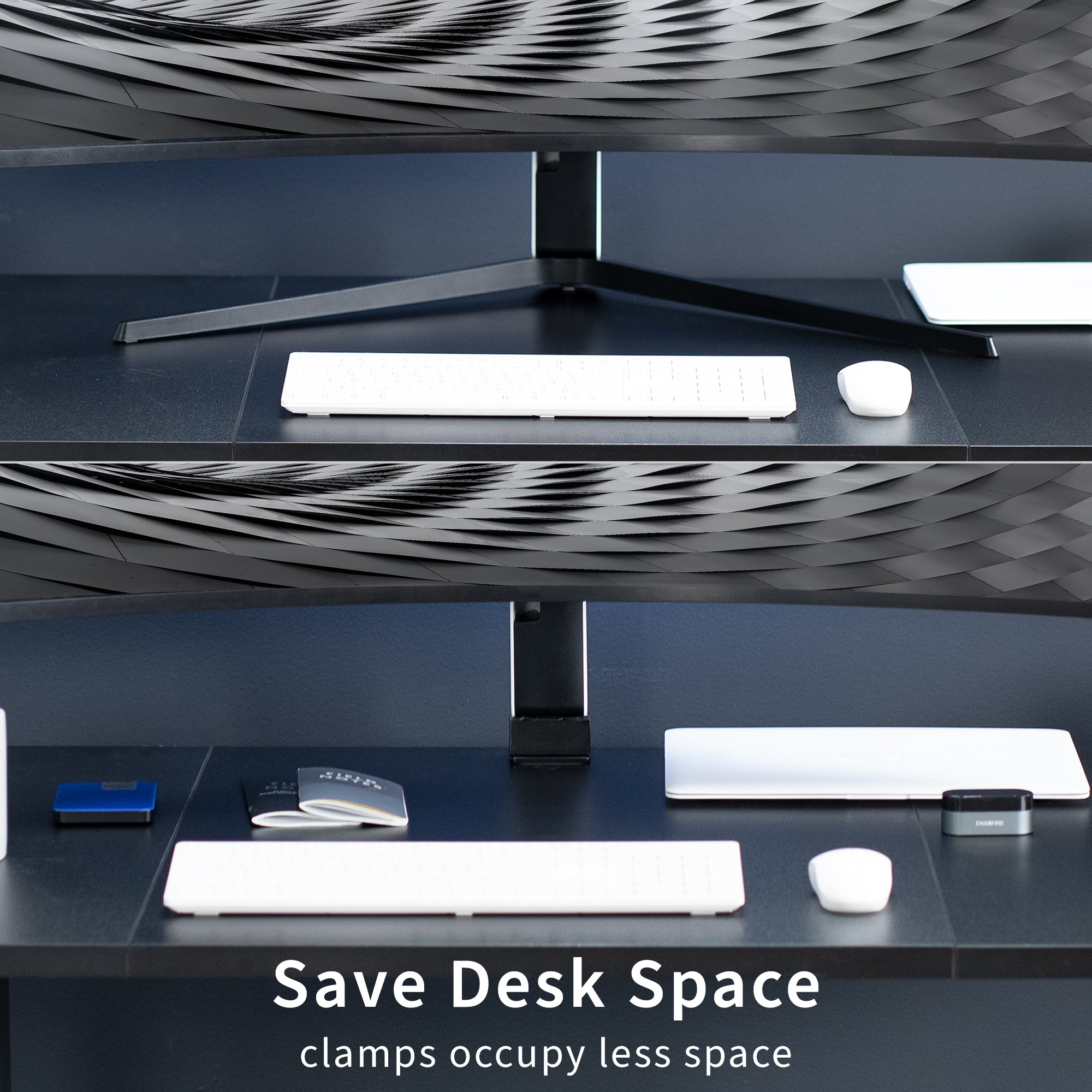 Space-saving desk clamp to mount Samsung monitor while maintaining height adjustment and articulation capabilities.