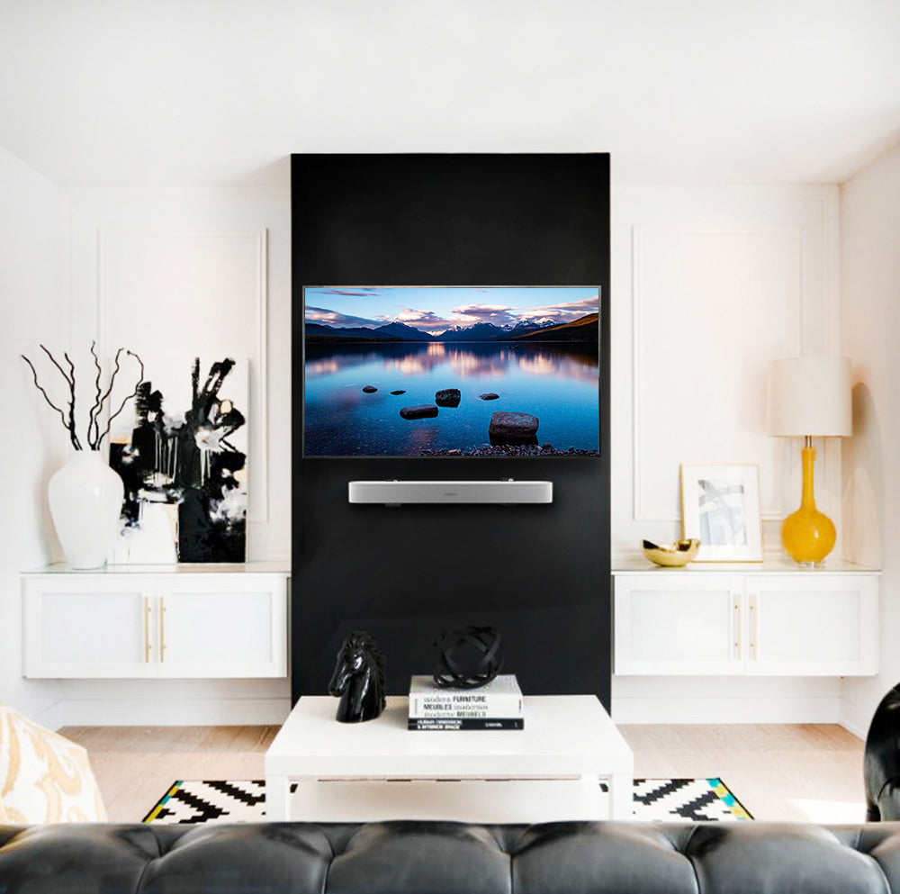 Modern living space with a floating soundbar under the TV.