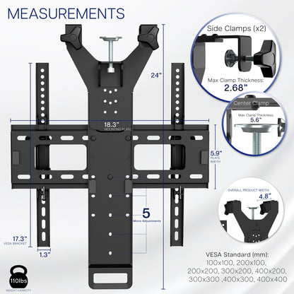TV mount with detailed measurements and specifications on a white background