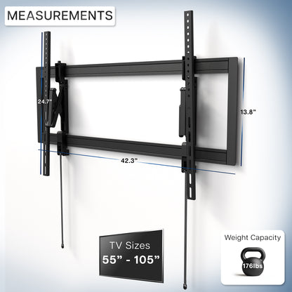 Black TV wall mount with measurements and capacity details on a white background