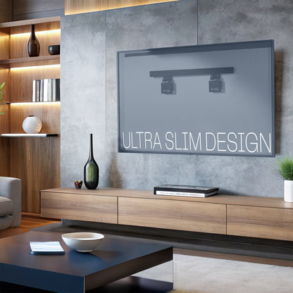 Modern living room with a large flat-screen TV mounted on wall, featuring 'Ultra Slim Design' text.