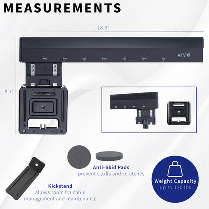 Measurement details of a Universal Micro-Gap TV Wall Mount with anti-skid pads, kickstand, and weight capacity information.