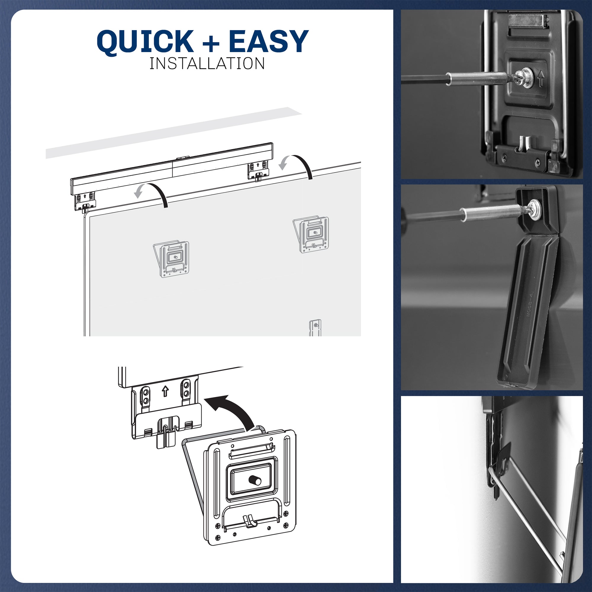 Step-by-step installation guide for a TV wall mount with text 'Quick + Easy Installation'