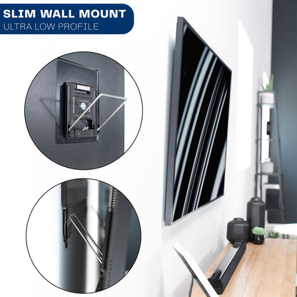 Slim wall mount for TV installation with close-up details on a white wall.