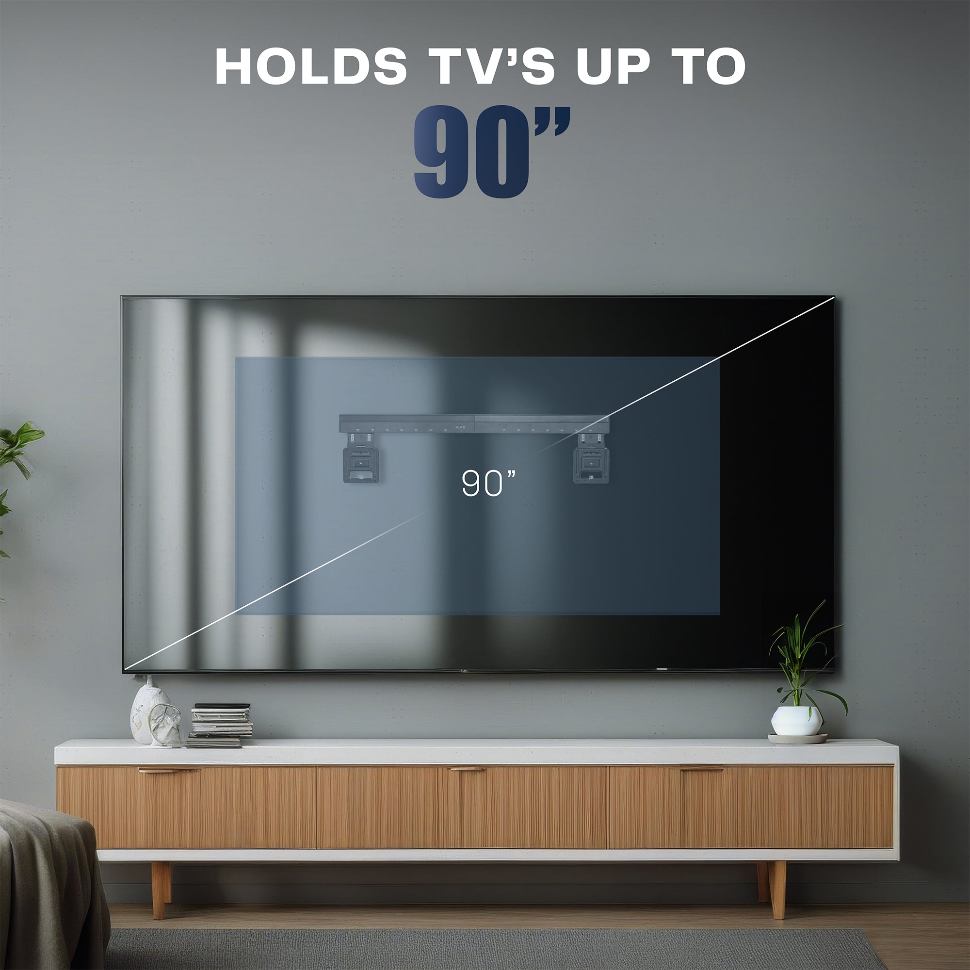 TV mounted on a wall with a wooden stand, showing a screen displaying '90°'.