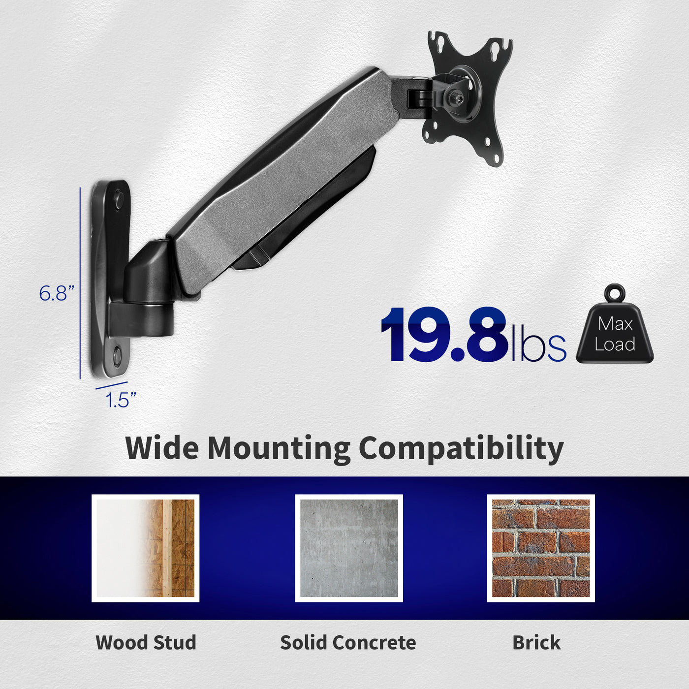 Gas Spring Monitor Wall Mount for 17" to 27" Screens has Wide Mounting Compatibility and 19.8 lb Weight Capacity.