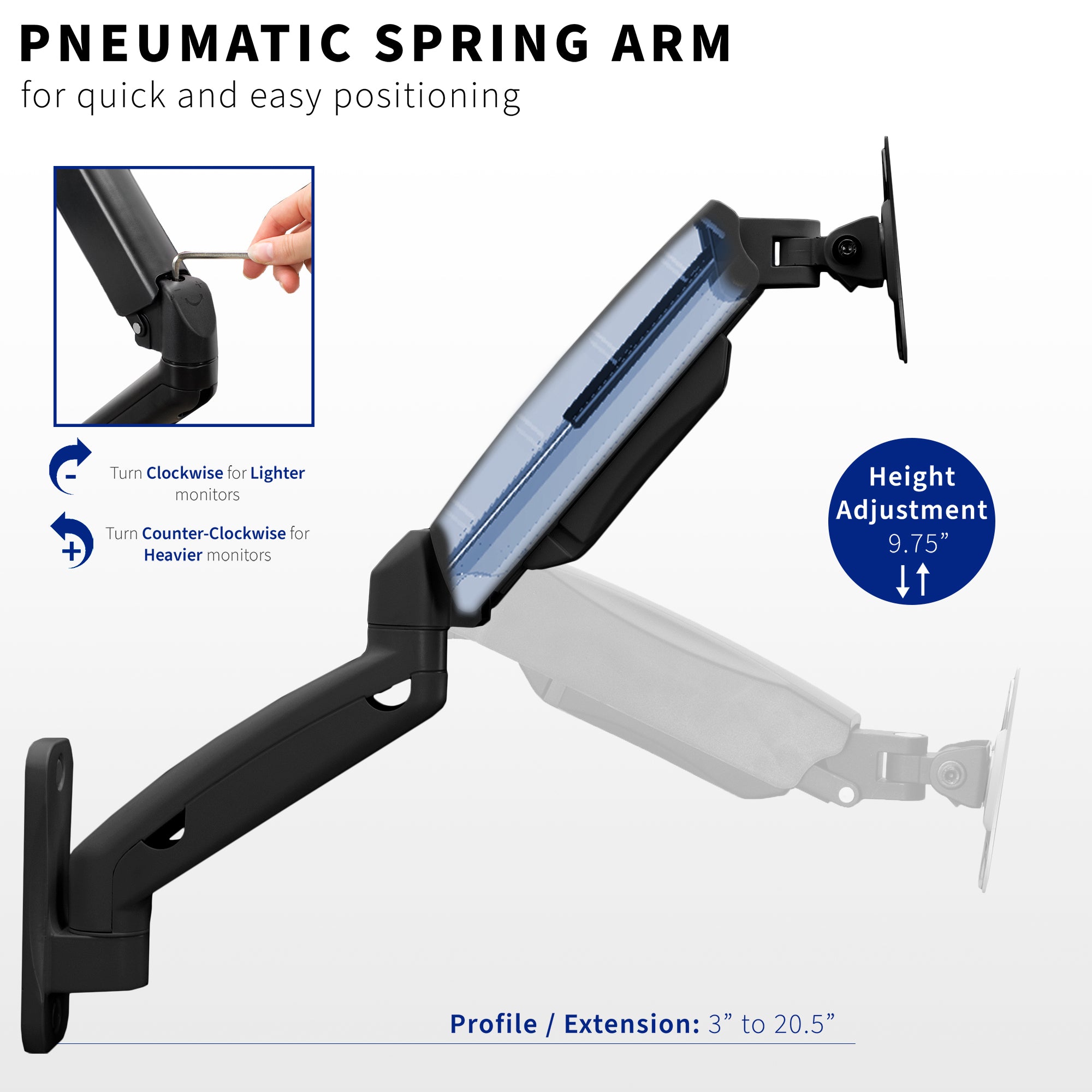 Sturdy adjustable pneumatic arm single monitor ergonomic wall mount for office workstation.