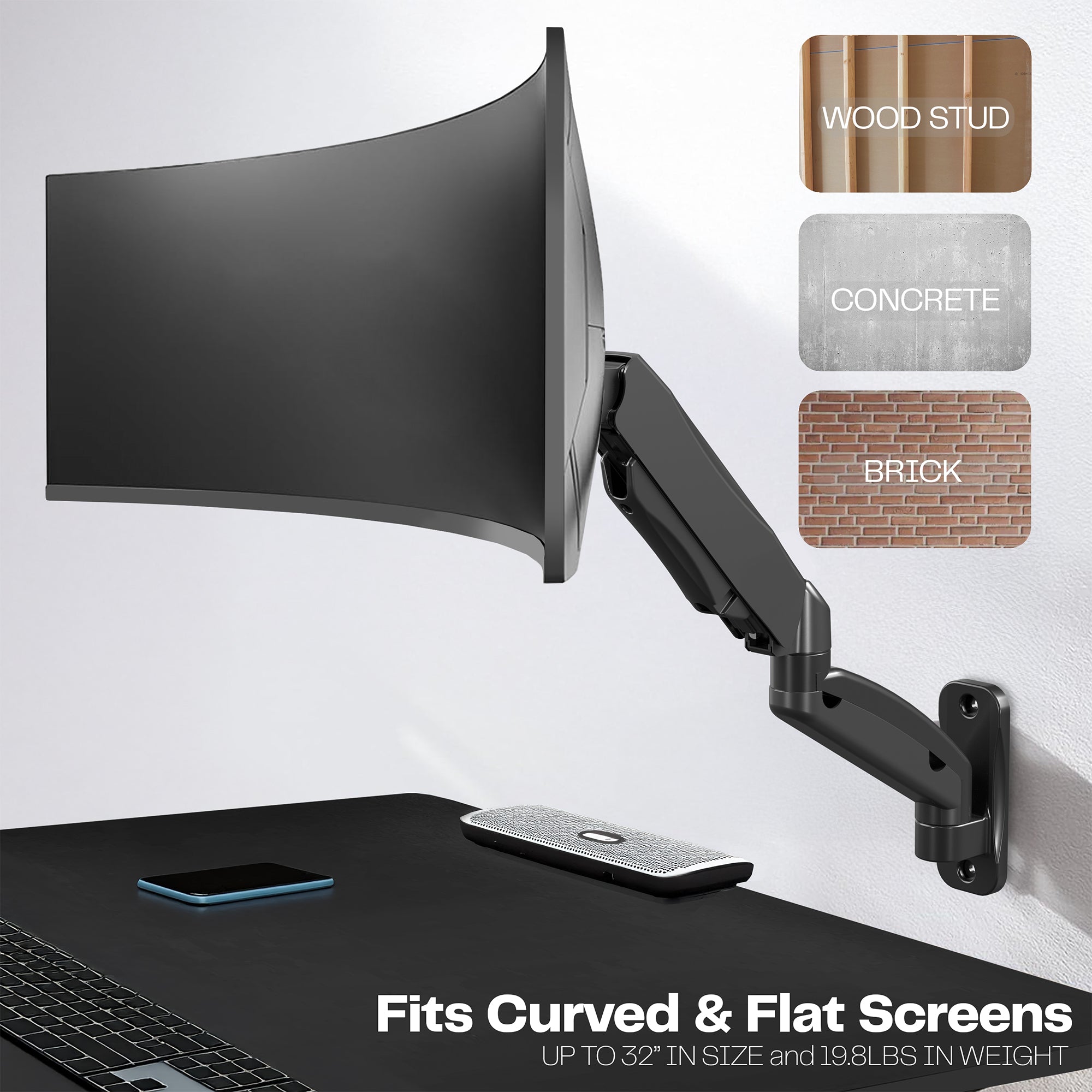 Mounts to a variety of surfaces and can hold screens up to 32" in size and 19.8lbs in weight. 