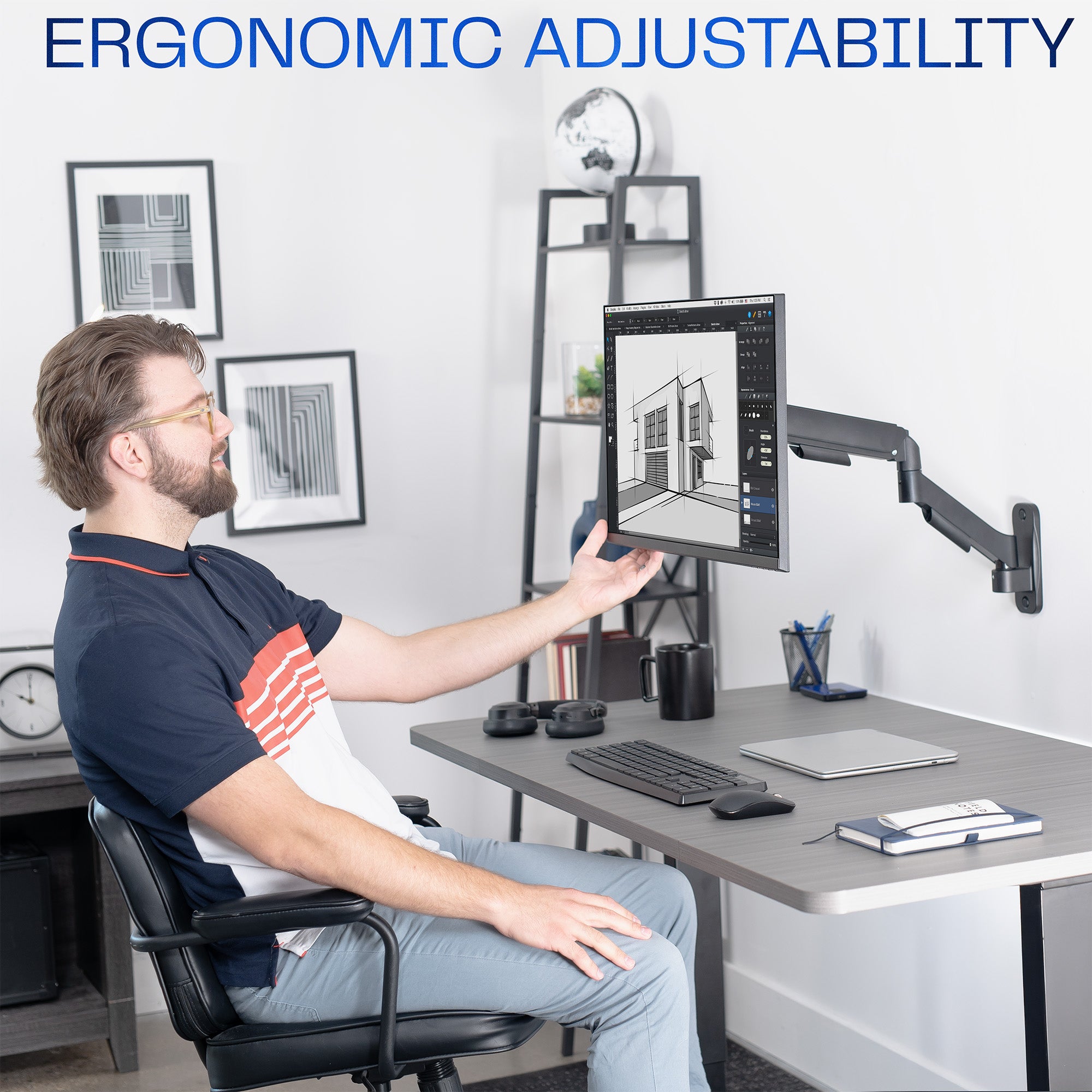 Sturdy adjustable mechanical arm single monitor ergonomic wall mount for office workstation.