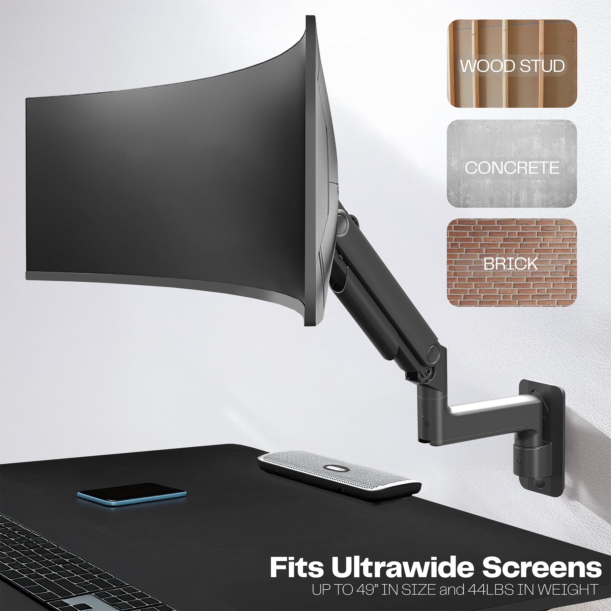 Mechanical Arm Single Ultrawide Monitor Wall Mount - Up to 49" Screens