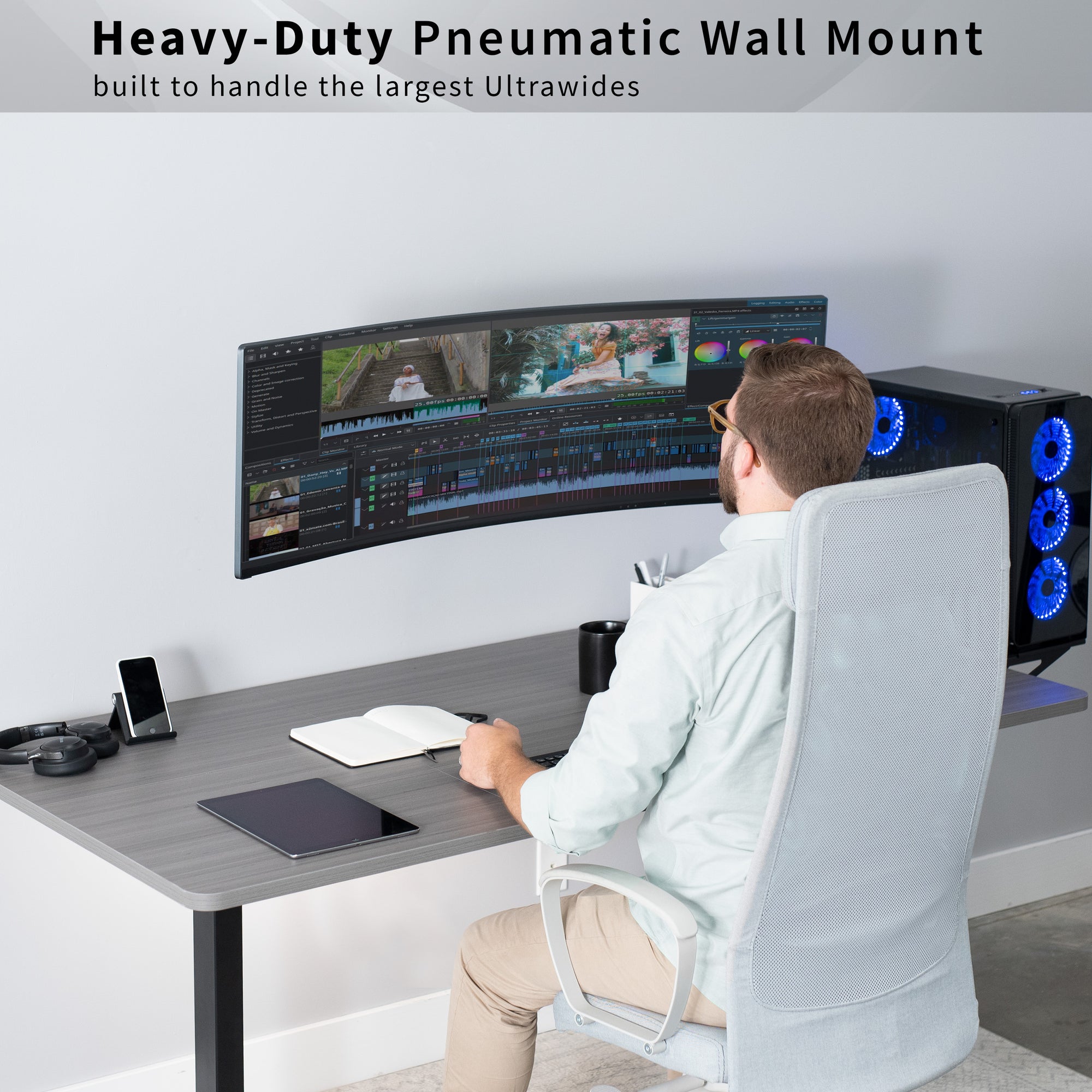 Pneumatic Arm Single Ultrawide Monitor Wall Mount - Up to 49