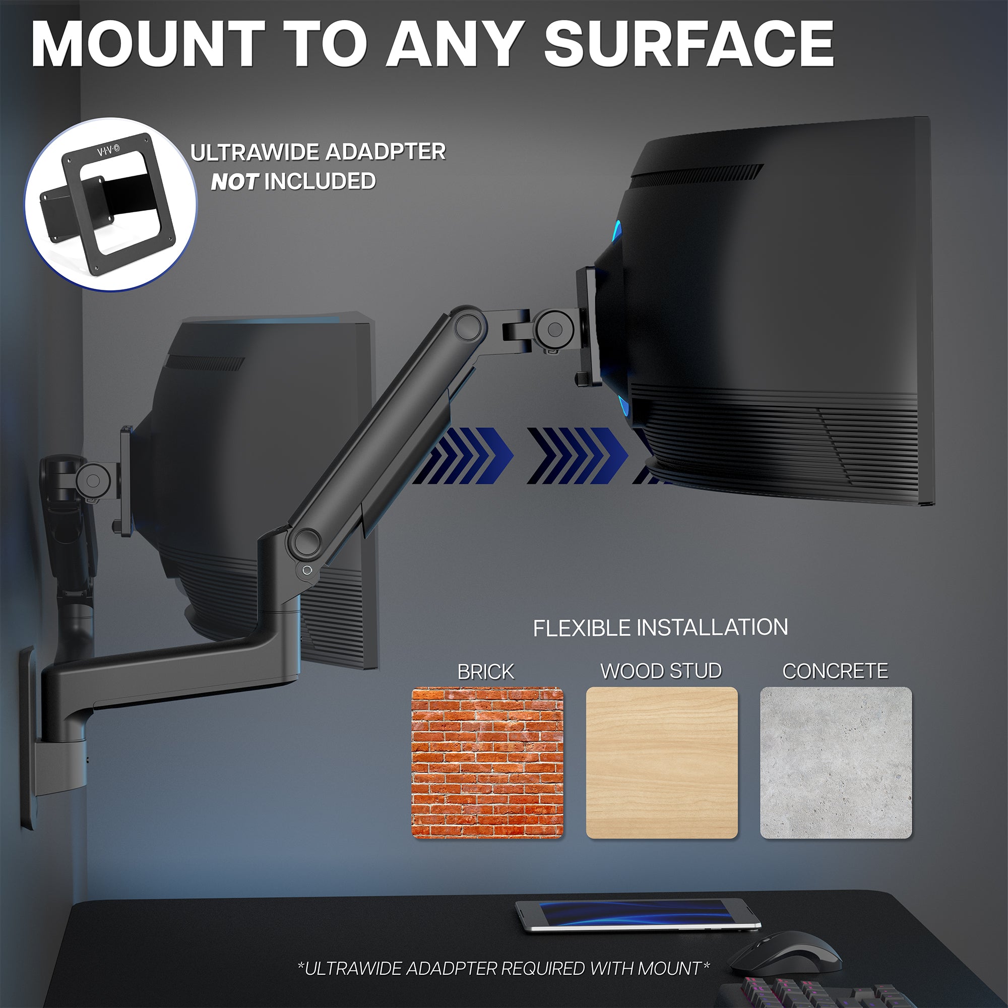 Monitor mount system with flexible installation on various surfaces