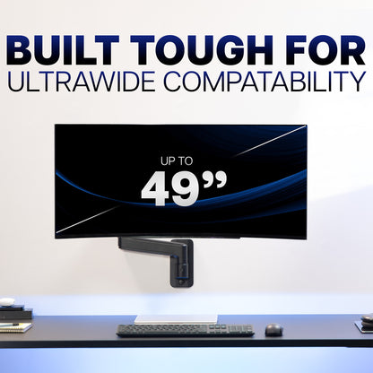 Monitor with text 'BUILT TOUGH FOR ULTRAWIDE COMPATIBILITY' and 'UP TO 49”' on a desk setup.