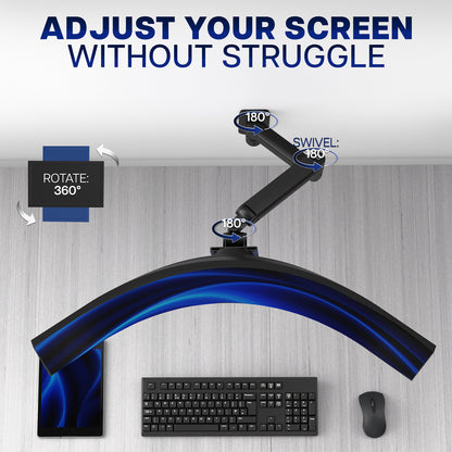 Monitor arm with adjustable features on a desk setup with keyboard and mouse.