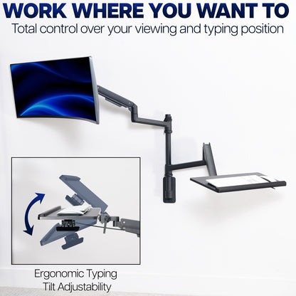 Pneumatic Arm Single Ultrawide Monitor Wall Mount + Keyboard Tray - Up to 49" Screens