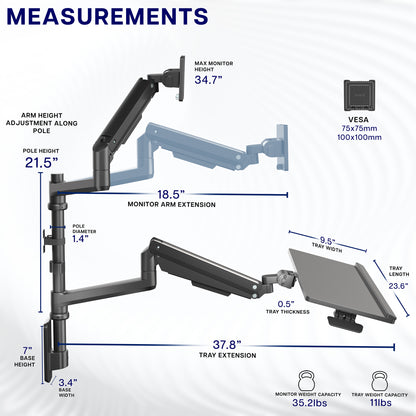 Pneumatic Arm Single Ultrawide Monitor Wall Mount + Keyboard Tray - Up to 49" Screens
