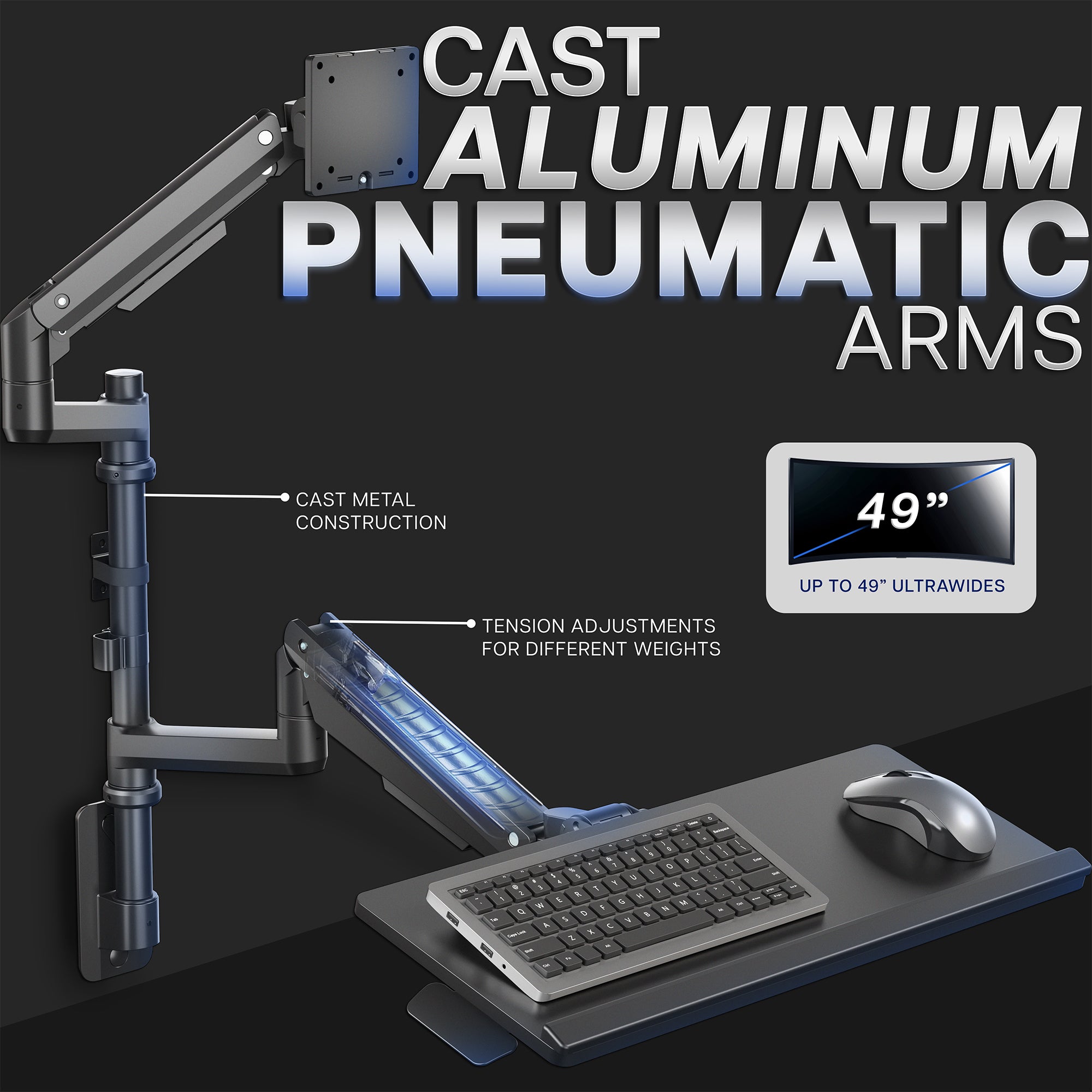 Pneumatic Arm Single Ultrawide Monitor Wall Mount + Keyboard Tray - Up to 49" Screens