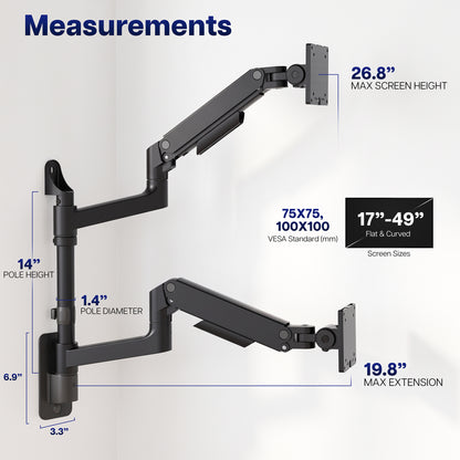 Pneumatic Arm Dual Ultrawide Monitor Wall Mount - Up to 49" Screens