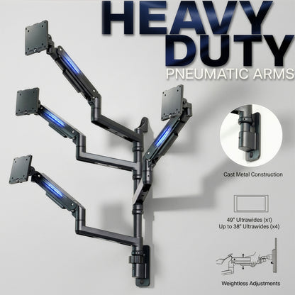 Pneumatic Arm Quad Ultrawide Monitor Wall Mount - Up to 49" Screens