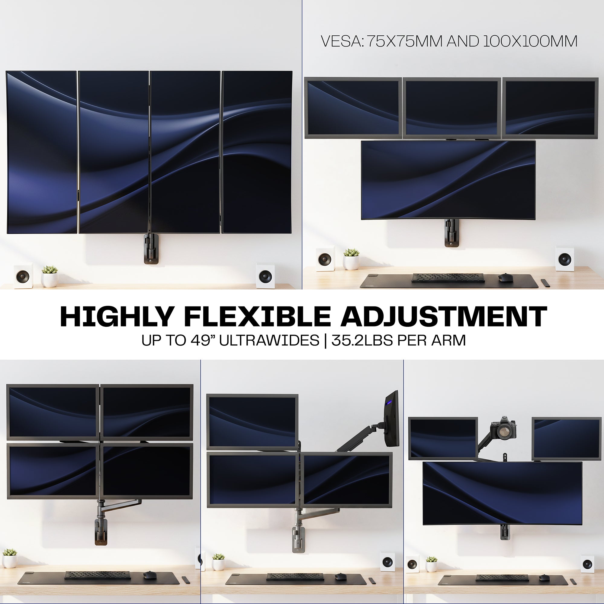 Pneumatic Arm Quad Ultrawide Monitor Wall Mount - Up to 49" Screens