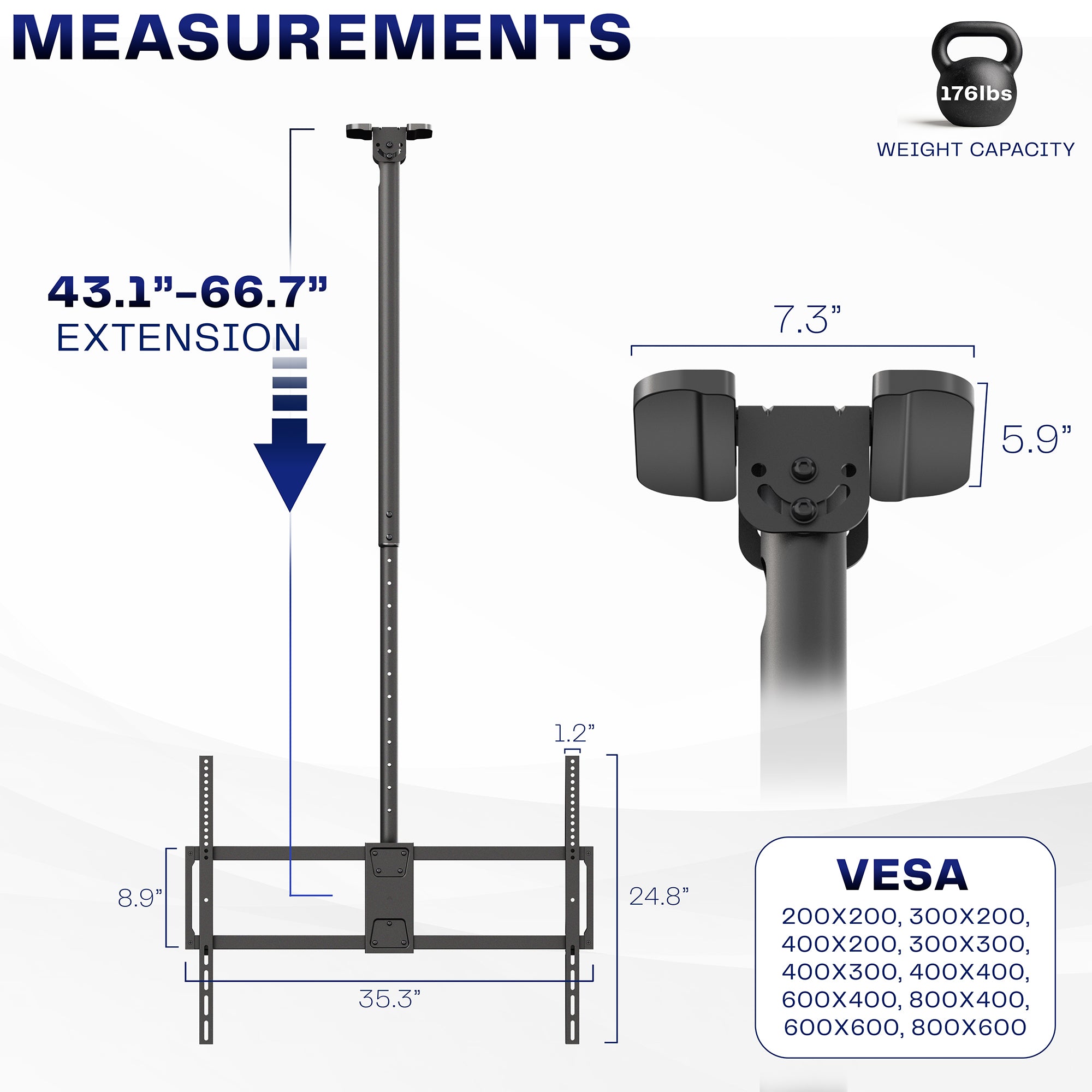 Measurement chart of a TV ceiling mount with extension, weight capacity, and VESA dimensions.